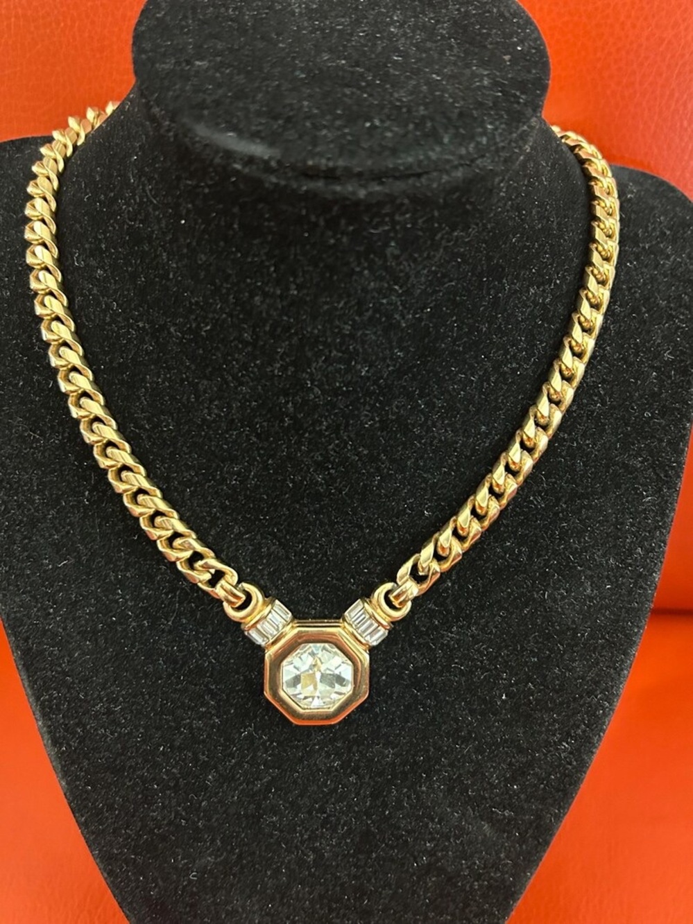 Vintage Swarovski S.A.L. Crystal Hexagon Gold Plated Signed Chain Necklace RARE!